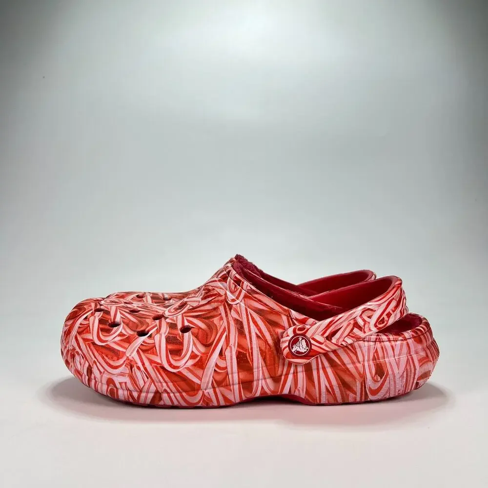 Crocs Classic Lined Candy Cane Clogs Red White Fleece Comfort Shoes Mens Size 11